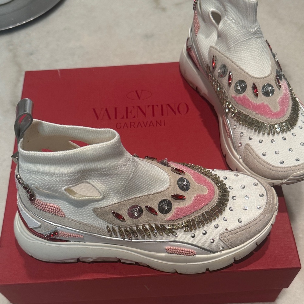 Valentino Garavani White and Pink Embellished Sneakers